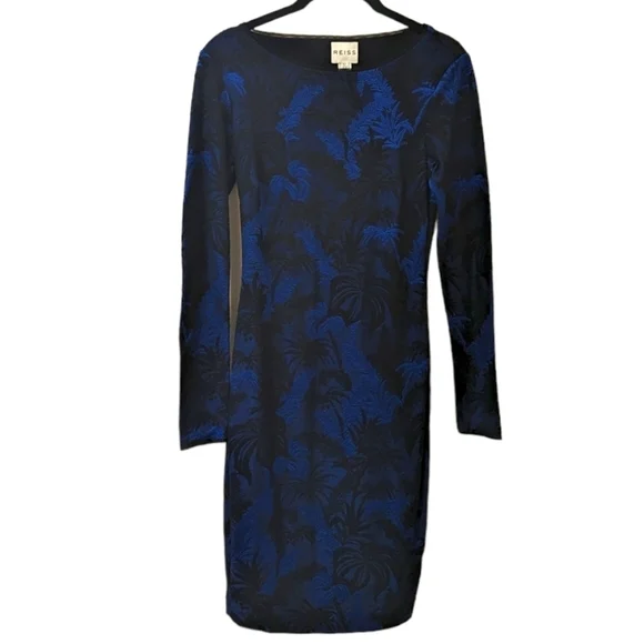 REISS Saffina Blue/Black Tropical Jacquard Jersey Bodycon Silhouette Dress (4) - Picture 1 of 5